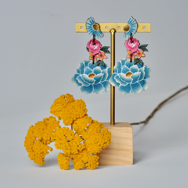 Boucles d'Oreilles PIVOINE et Bouquet Turquoise