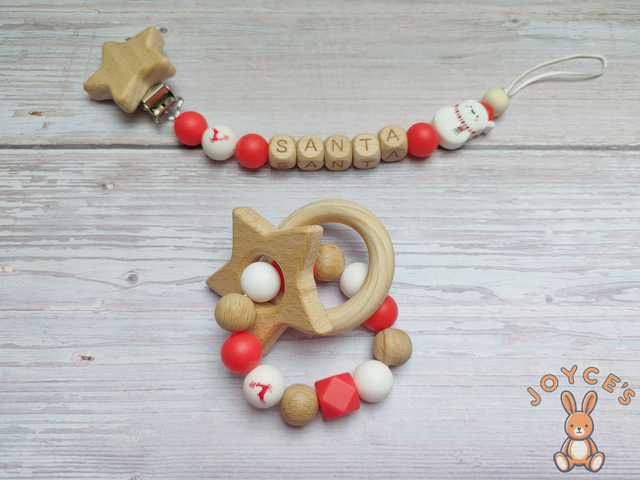 Attache tétine Noël - Modèle Santa- prénom 6 lettres max