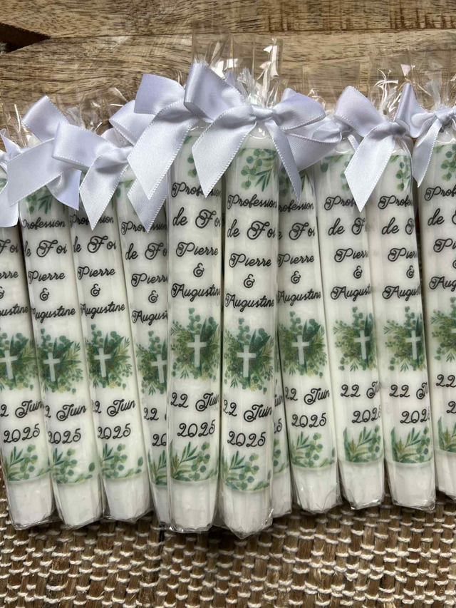 Bougie baptême, communion, croix feuilles
