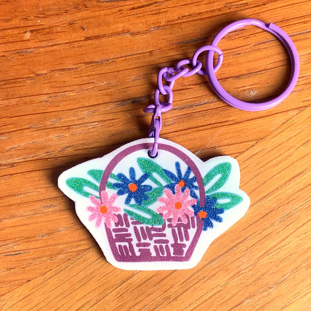 Spring Flower Basket Bag Charm – Lilac &amp; Purple Glitter Gri-Gri – Handmade Resin Accessory – Cute Violet Keychain – Gift for Her