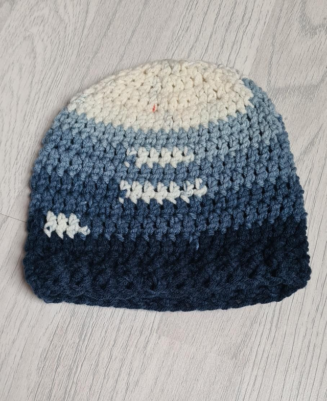 Crochet Baby Beanie Hat Blue White Mix 3-9 Months