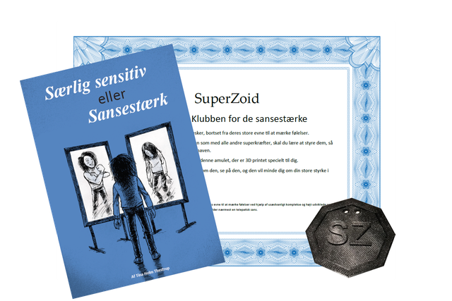 SuperZoid amulet, bog og diplom