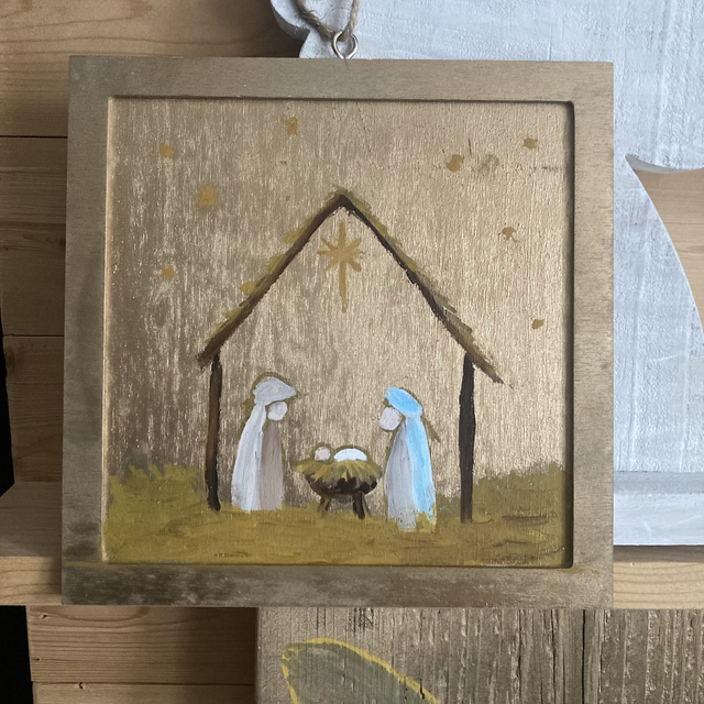 Kerststal klein schilderij op hout | vierkant | handbeschilderd | om op te hangen | jute koordje | kerst 