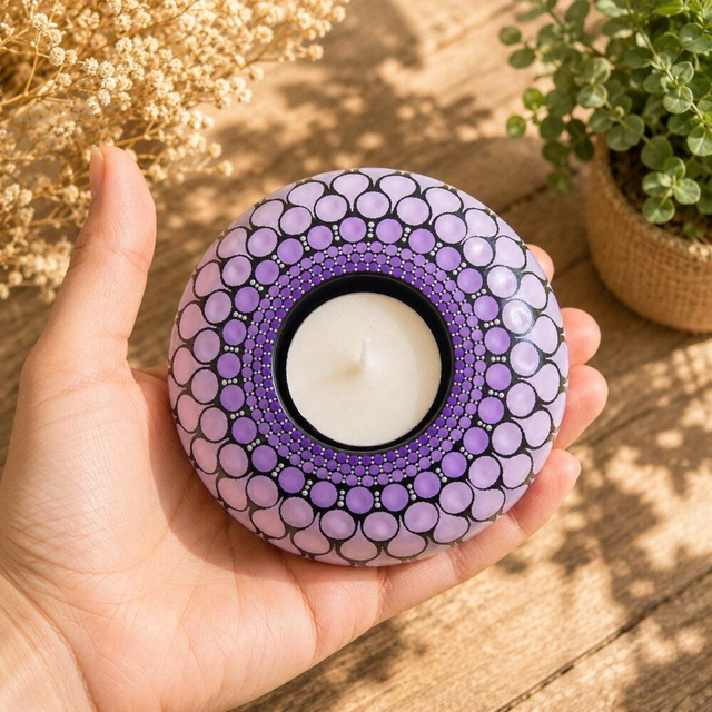 Bougeoir mandala mauve en plâtre résine – Peint à la main