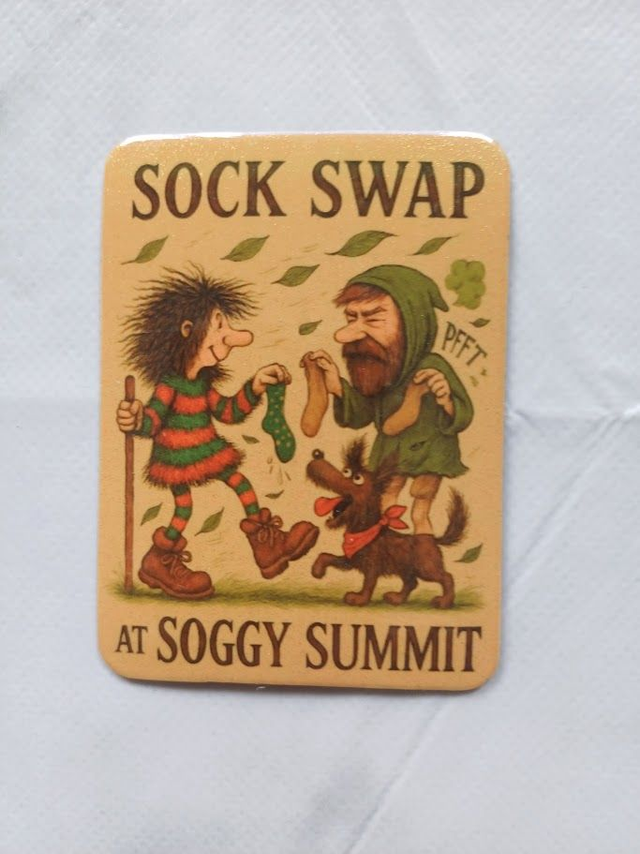 A set of seven fridge magnets depicting two comical walkers 