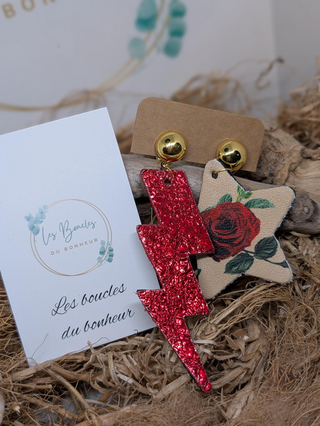 Boucles d'oreilles Asymétrique rouge irisé fleur nc034 clips