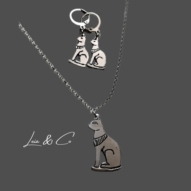 Parure collier et boucles d&#039;oreilles Bastet déesse chat égyptien LEIA&amp;CO