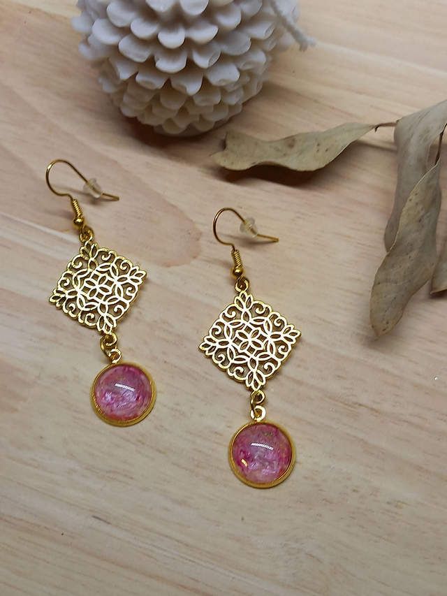 Boucles d&#039;oreilles Composition cabochon orange - doré