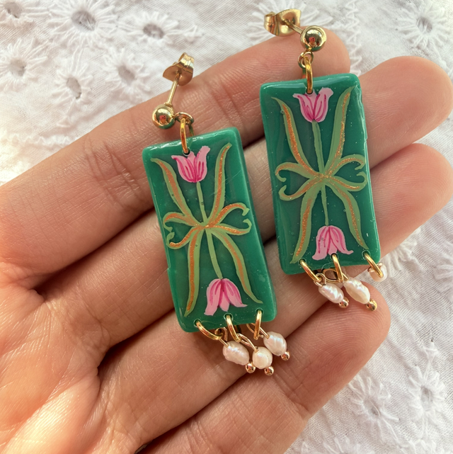 Pink Tulip Rectangle Earrings with Rice Pearls