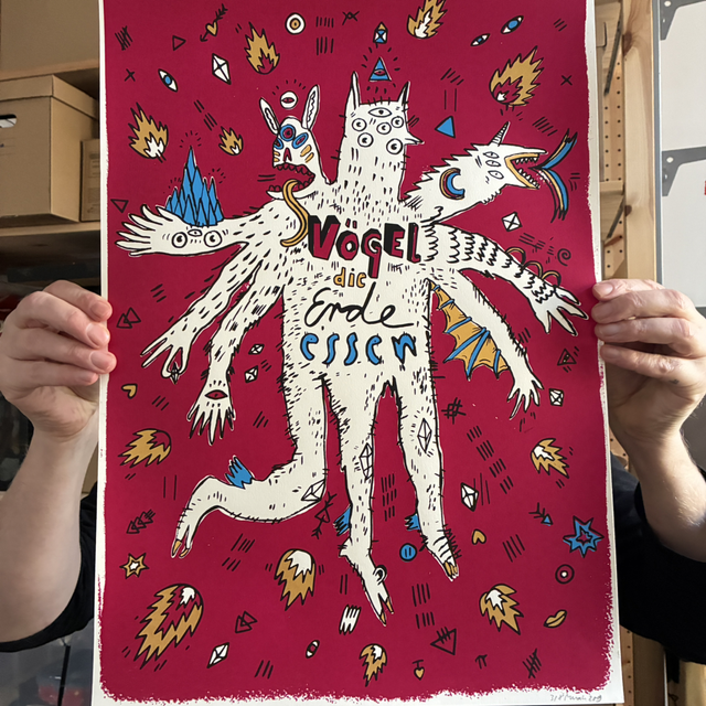 Bandposter "Vögel die Erde Essen" dunkelrot