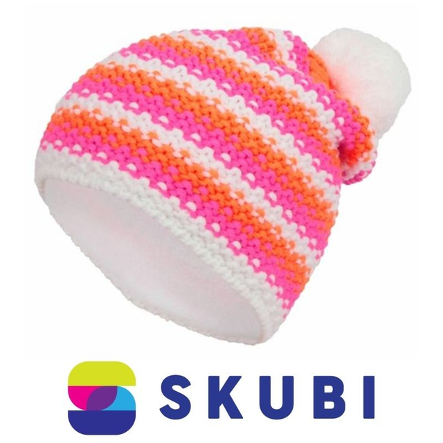 Polar Fashion W262A Dámská zimní čepice s bambulí proužek pomerančovo-růžová
