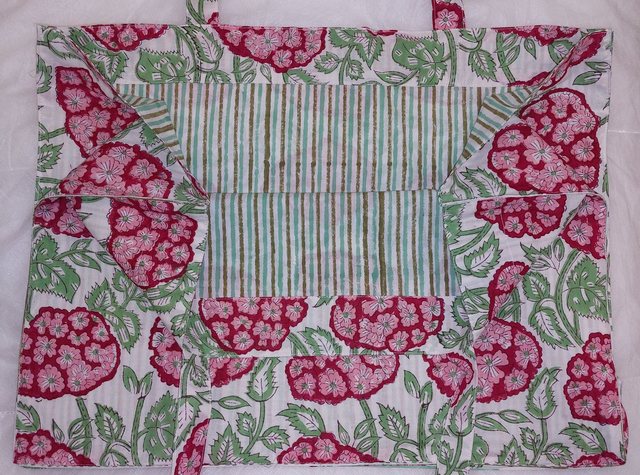 Grand sac cabas rose, vert et blanc en coton imprimé à la main au block print - Doublure en coton rayé - Tote bag - Confectionné en Inde
