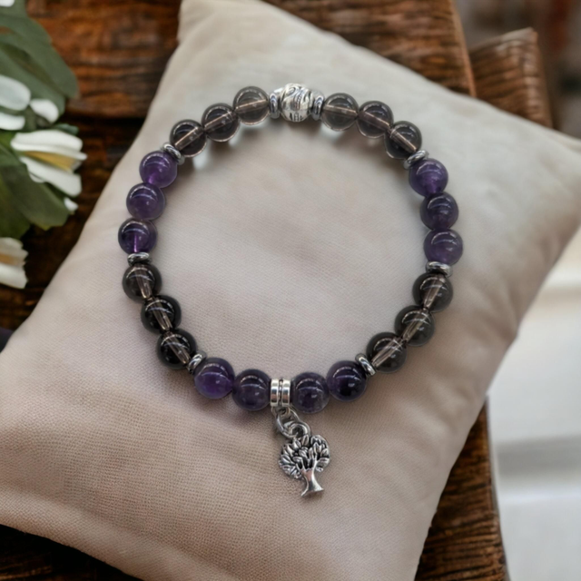 Addiction/Alccol et Tabac/ Apaise le mental/Bracelet en Quartz fumé et Améthyste / 8mm