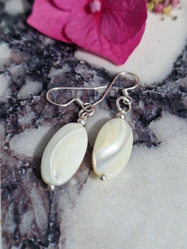Mother of Pearl 20x10mm Shell 925 recycled silver drop earrings. Each pair will be unique due to the nature of the material.
