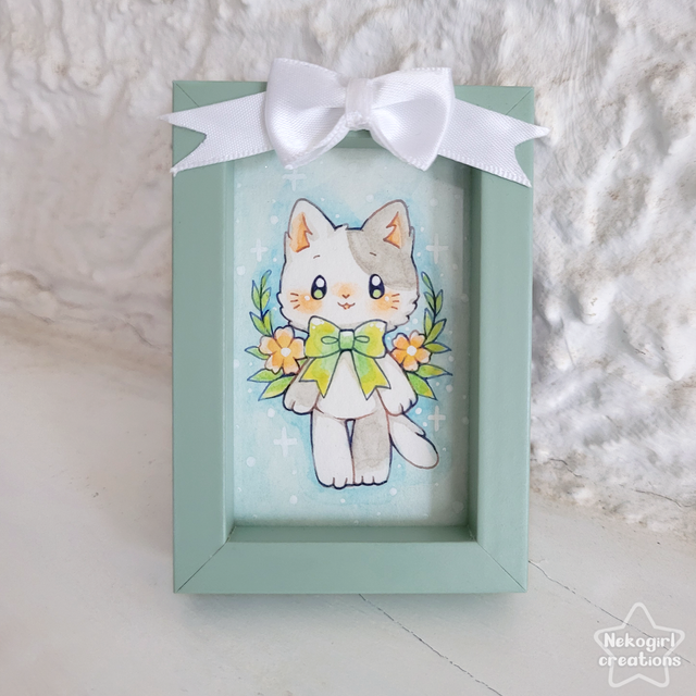 Mini dessin encadré - Chat blanc et gris