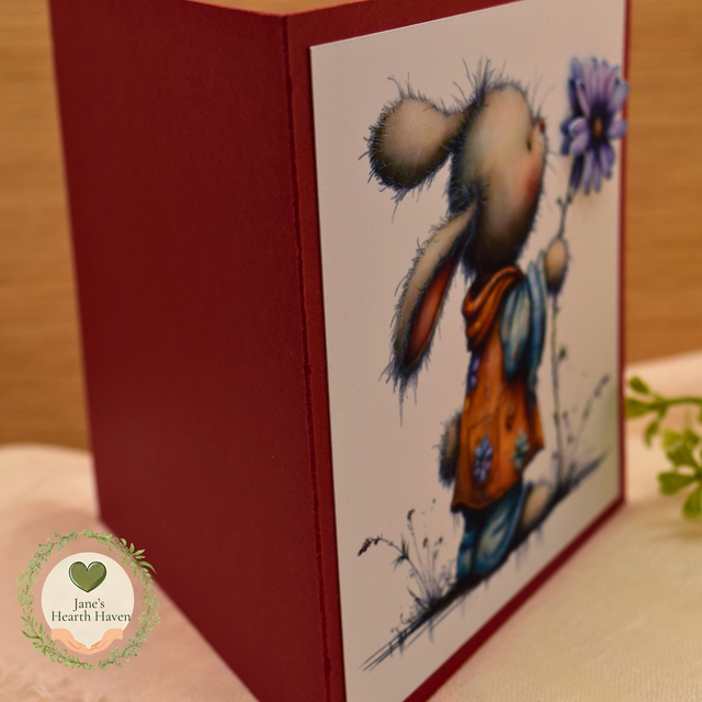 Whimsical Bunny 5 x 5 Card | Purple Flower Illustration on Deep Red Base