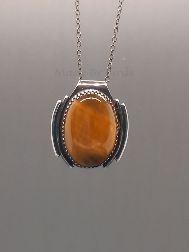 Art Deco Inspired Tigers Eye Sterling Silver Pendant Necklace 