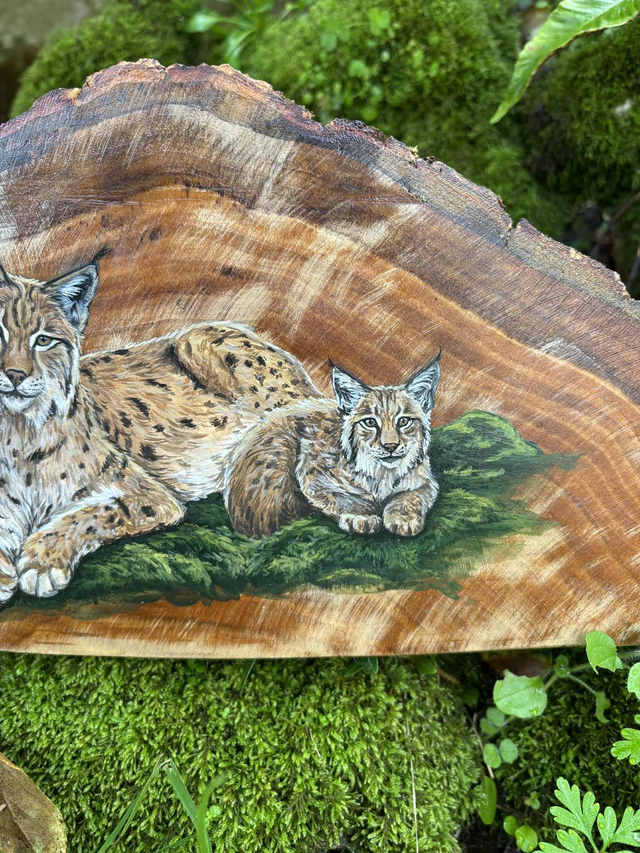 " Le chemin des Lynx " - Peinture Fragment bois unique 45 cm