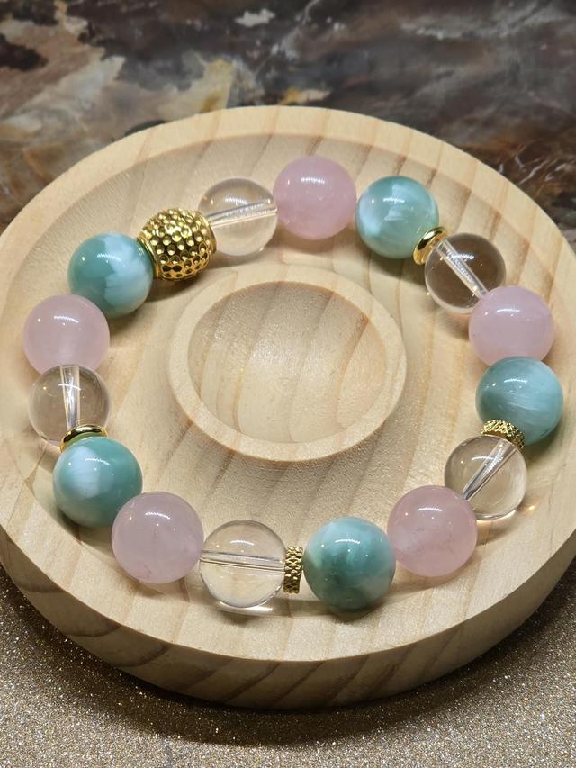 Bracelet Garniérite, Quartz rose, Cristal de roche XL en 1,2 cm