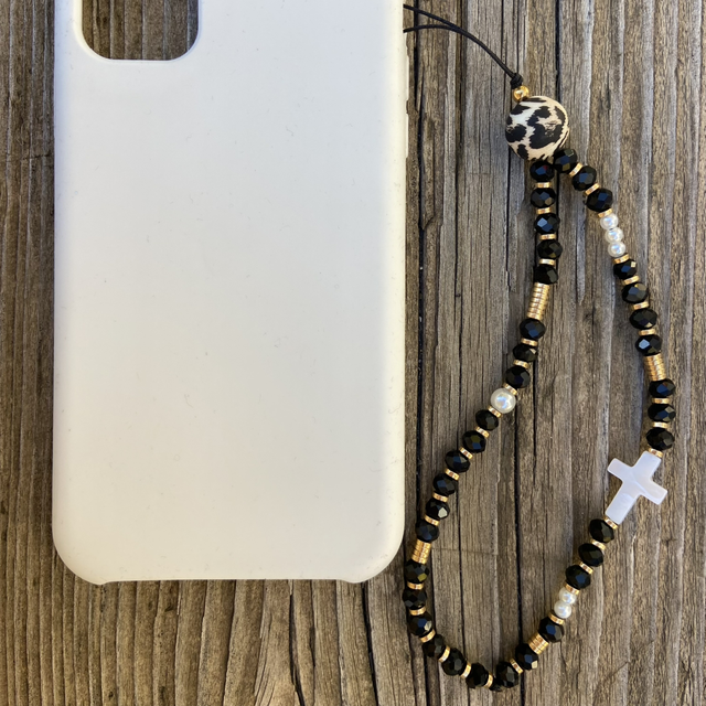 Grigri de téléphone Cristal noir Croix en nacre - Taille S