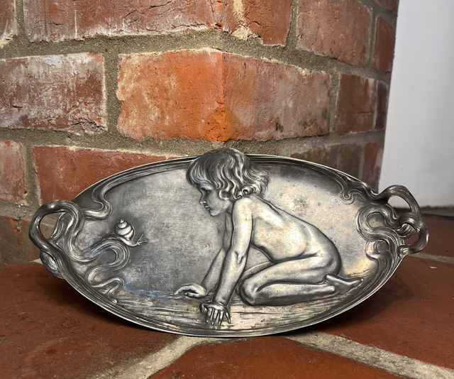 Art Nouveau Oval Pewter Tray Adorned With Child Observing A Snail