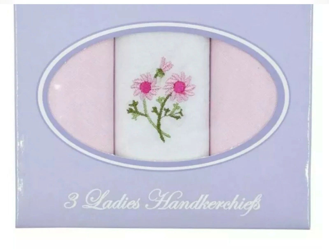 Ladies 3pk Embroidered Polycotton Handkerchiefs In Display Box by Anucci  £2.50 a pack