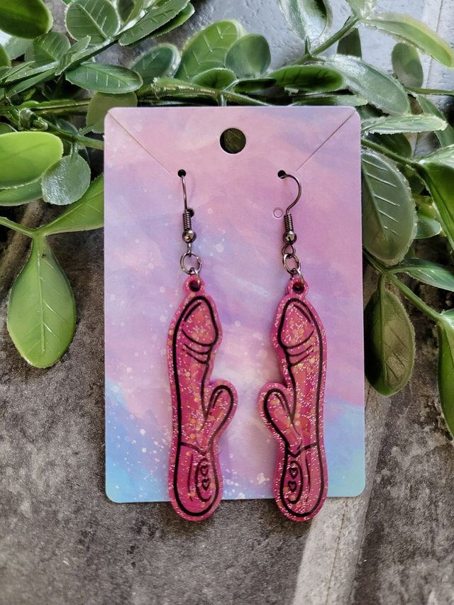 Earrings | Pink Glitter Rabbit Vibrator Earrings | Stainless Steel Hooks