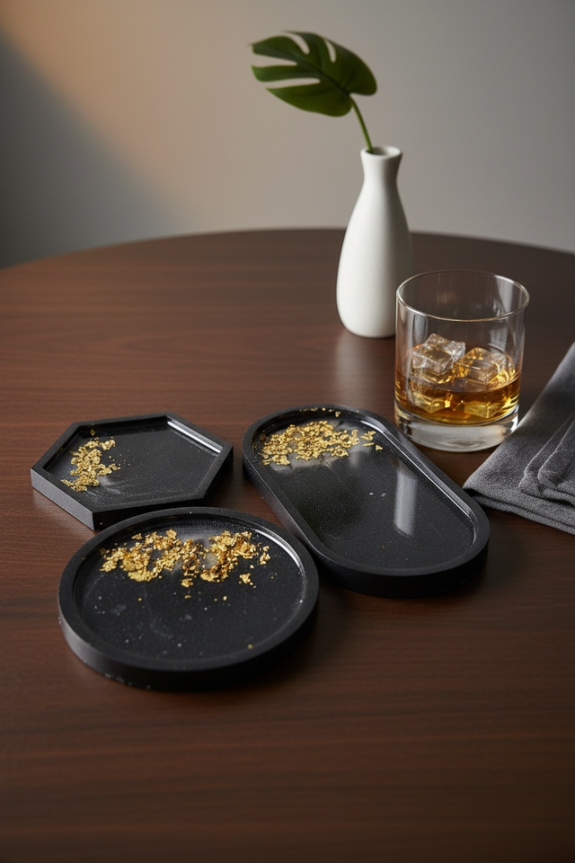 Ensemble de 3 plateaux design- Collection Noir et feuilles d'or 