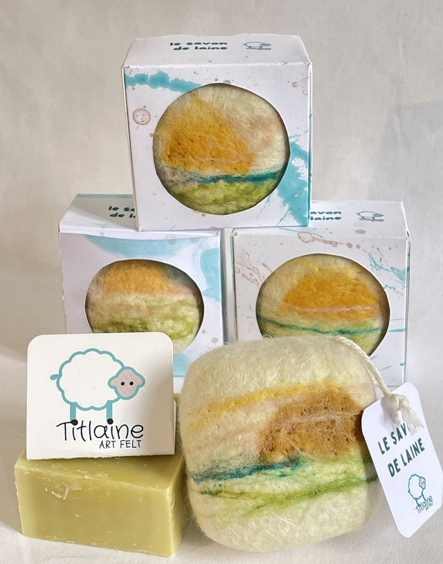 savon de laine motif soleil - savon artisanal habillé de laine feutrée