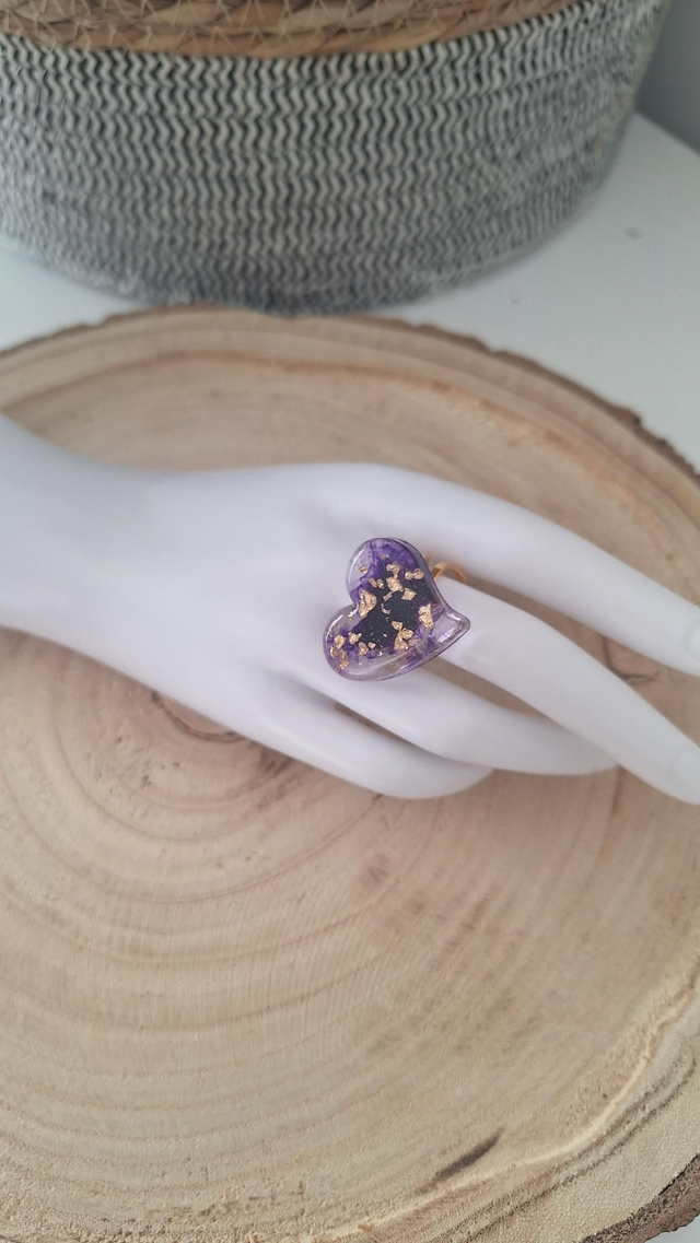 Bague cœur violette et feuille d'or 