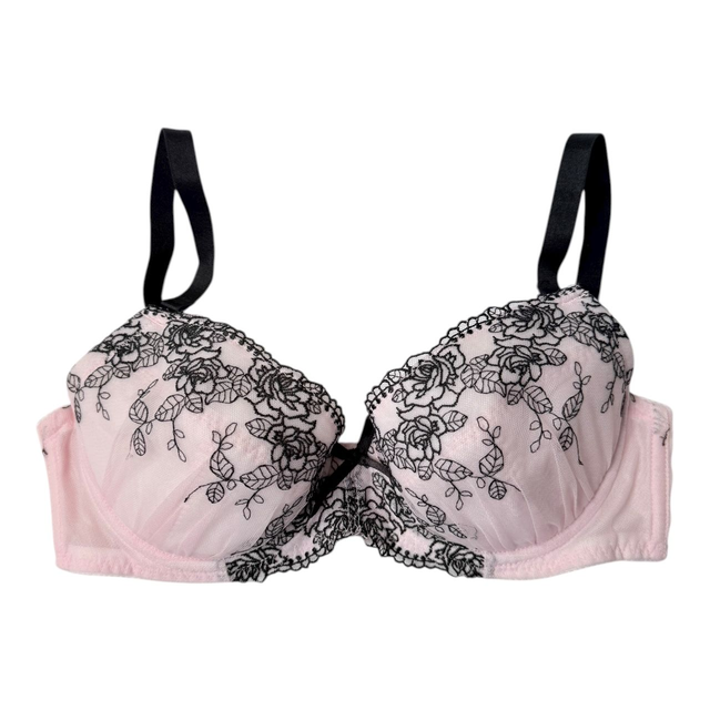 Baby pink + black Floral Embroidered Japanese Bra UK 34C  