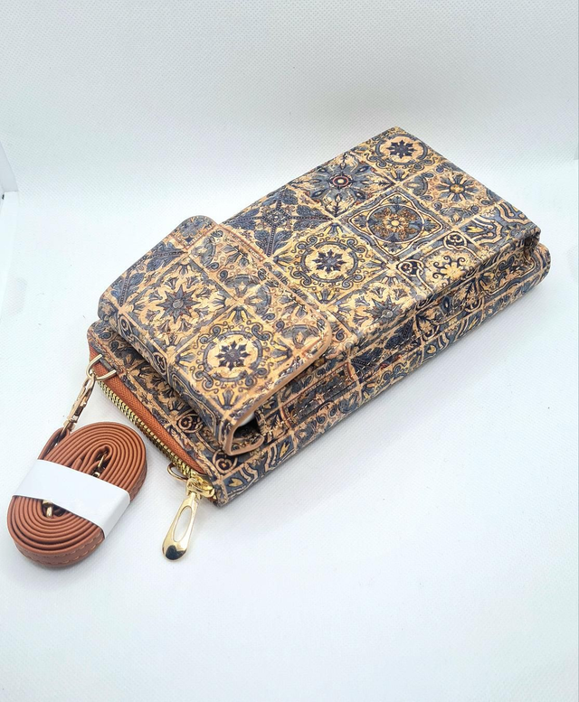 Porte-monnaie &amp; natel "Millie" en liège imprimé avec poche natel et bretelle amovible (à porter en bandoulière)