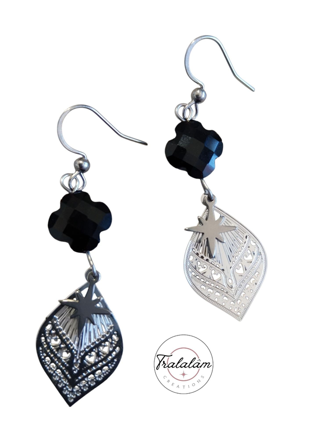 ✨Boucles d'oreilles légères filigranées trèfle noir étoile argent✨(164BO)