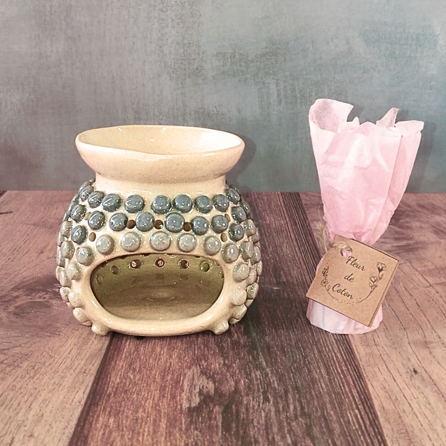  Brûle-Parfum bleu grisé &amp; son Fondant "Fleurs de Coton" 