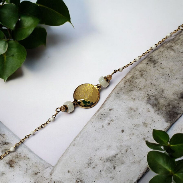 bracelet acier inoxydable motifs japonais blanc beige et doré