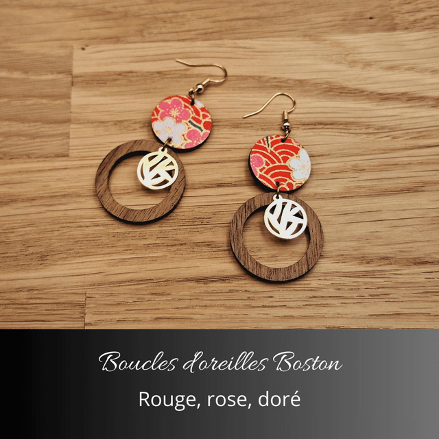 Boucles d'oreilles Boston - Rouge rose et or