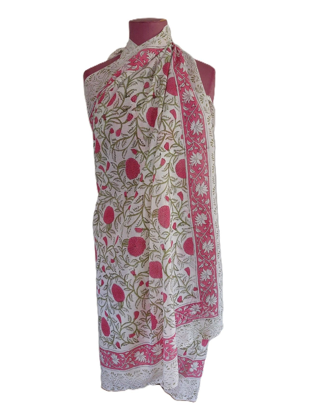 Paréo de plage en coton voile indien imprimé à la main – Motif floral rose, vert et blanc – Étole & châle bohème  