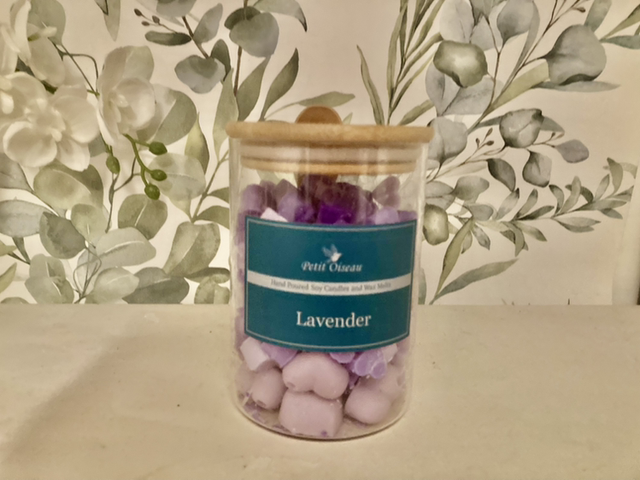 Lavender heart wax melts in this lovely jar with spoon