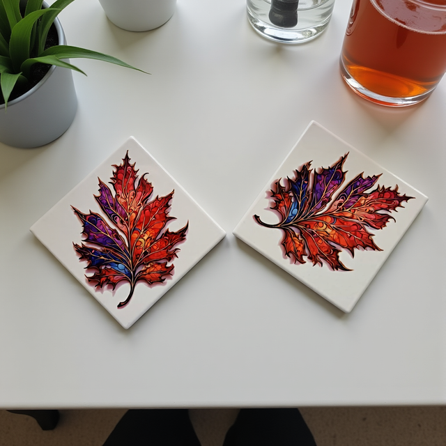 A set of two coasters featuring a leaf, with vibrant Autum colours  