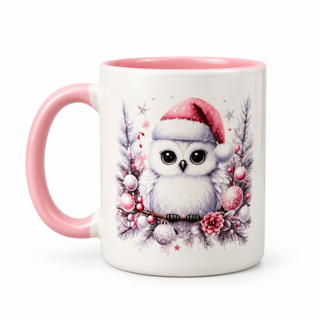 Pink Winter Wonderland Ceramic Mug | Wrap-Around Christmas Wildlife Design with Snowman, Owl & Reindeer