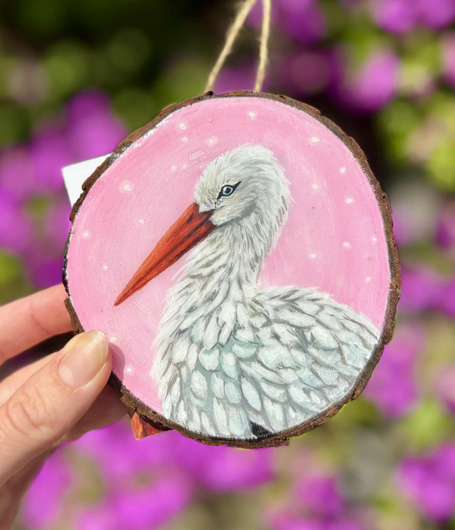 " Cigogne blanche " - peinture rondin de bois 8 cm  