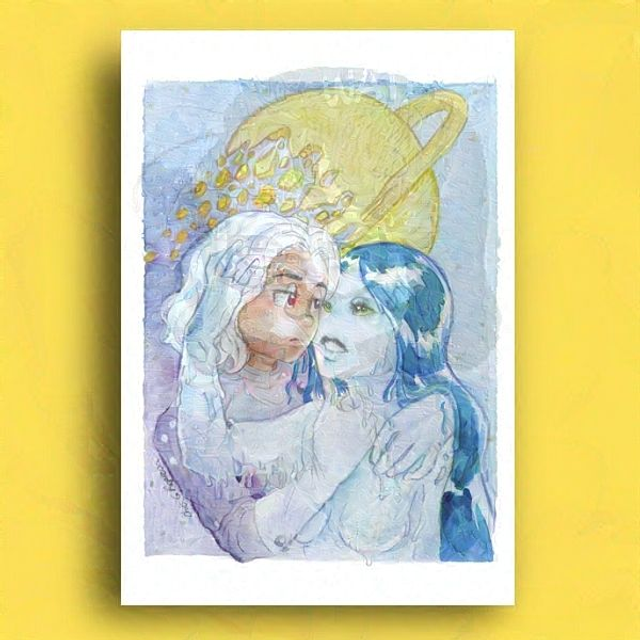 Print Cosmos &amp; Waterfall Planet - Watercolor paper