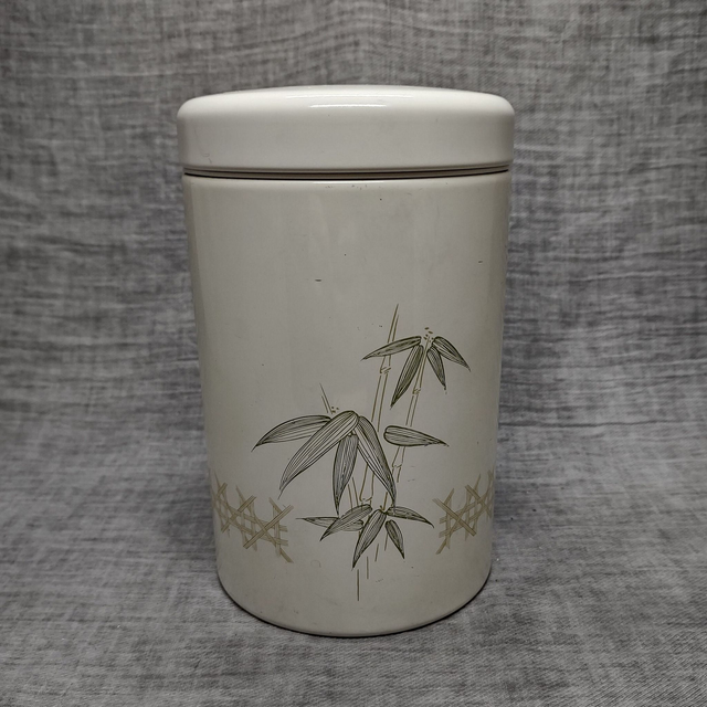 Brabantia | Voorraadbus met deksel &#039;Bamboe&#039; motief Rond metaal (diameter 11,0 cm | hoogte 18,0 cm) creme en groene kleuren | Vintage