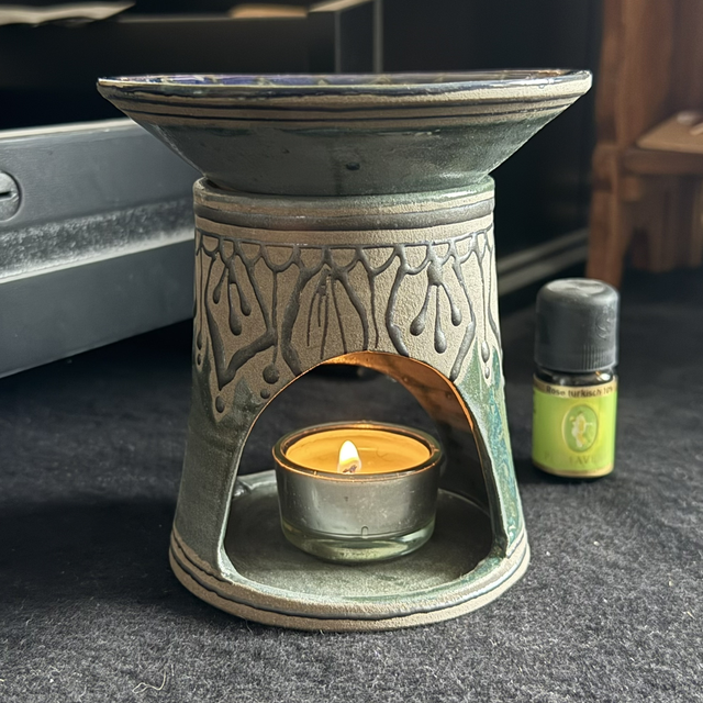 Ceramic Aroma Lamp, Essential Oil Burner Mandala Design, Handcrafted Stoneware, green dark black