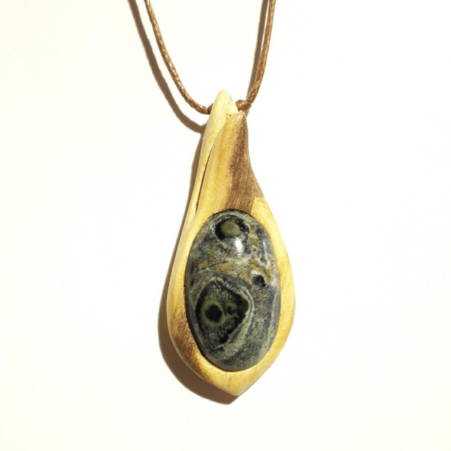 Kambaba Jasper Necklace With Hand Carved Palo Santo Wood 