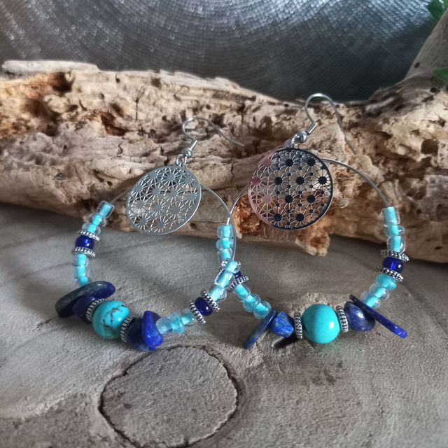 Boucles d&#039;Oreilles Turquoise et Lapis -lazuli
