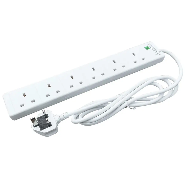 2m 6 Gang Surge Protected LED Indicator UK Mains Extension - White