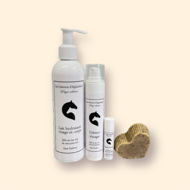 Coffret gamme complète: Lait hydratant, crème visage, baume à lèvres, et savon