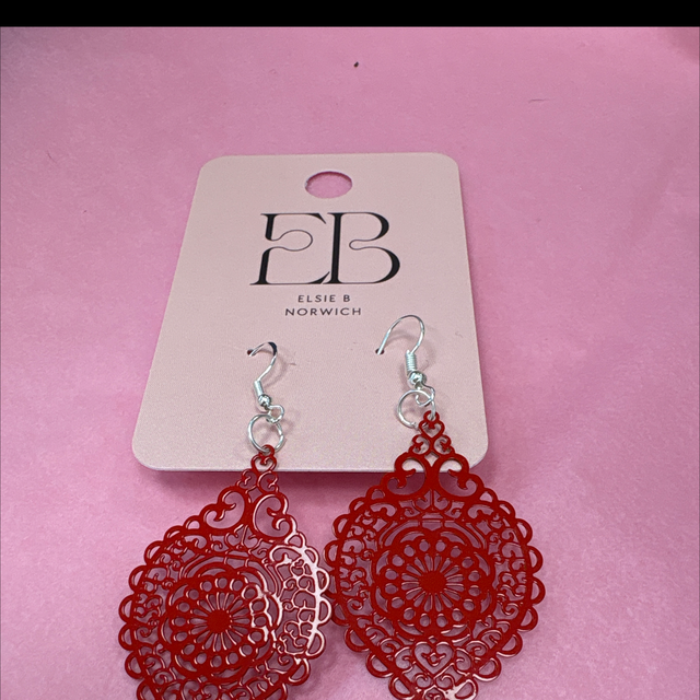 Red metal lace earrings with silver hooks 