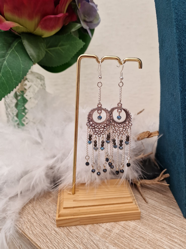 Boucles D'oreilles Chandelier Bohème Argenté Perles Cristal